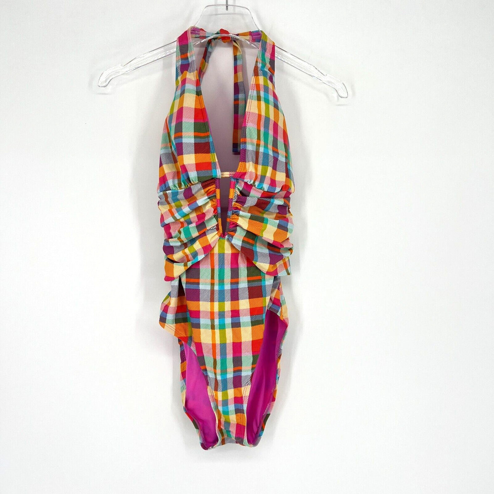 Into‎ The Bleu Swimsuit Womens 10 One Piece Rainbow Plaid Plunge Ruched Halter